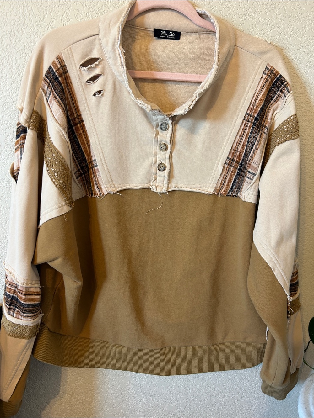Miss Me Patchwork V-Neck Sweater in Beige & Khaki